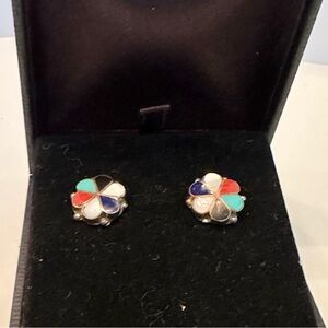 Vintage sterling silver Native American turquoise inlay flower earrings 925